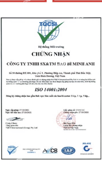 Chứng nhận - Thùng Carton Minh Anh - Công Ty TNHH SX & TM Bao Bì Minh Anh